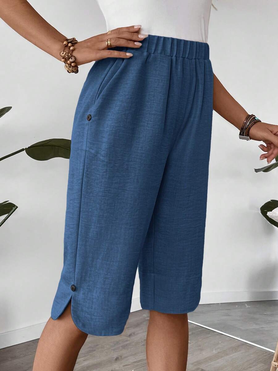 EMERY ROSE Women's Casual Village Style Button Mid-Length Linen Pants, Summer - Blue - View 1