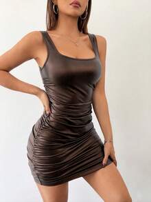 SHEIN PETITE Đầm ngắn nữ bằng da PU co giãn cao cấp, cổ vuông, kiểu vest, xếp ly. - màu nâu - Xem 5