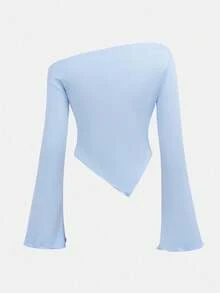 SHEIN 少女休闲蓝色褶皱长袖修身针织上衣和喇叭裤两件套，居家户外旅行装机场装 - 淺藍色 - 查看 6