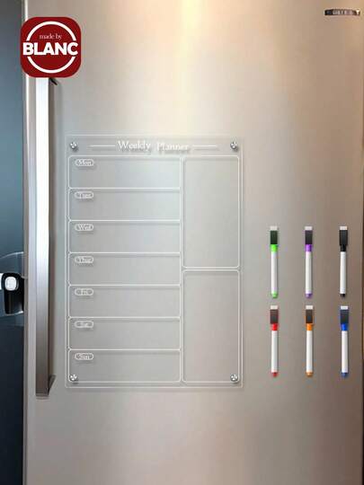 1pc 3D Acrylic Desk Planner With White Board & Magnetic Refrigerator Sticker, Durable Dry Erase Weekly Meal Plan Board With 6 White Board Pens Gifts Birthday Graduation Home Decor Back To School Room Decor School Supplies