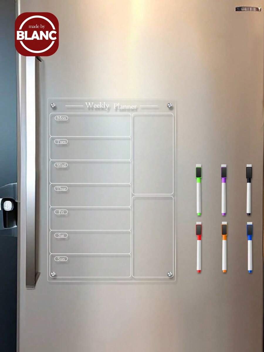 1pc 3D Acrylic Desk Planner With White Board & Magnetic Refrigerator Sticker, Durable Dry Erase Weekly Meal Plan Board With 6 White Board Pens Gifts Birthday Graduation Home Decor Back To School Room Decor School Supplies - White - View 1