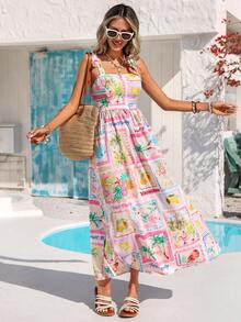 Vivid Eden Spring/Summer Outing Holiday Date Dresses, Spring/Summer Casual Vacation Dresses With Tie-Back Back And A-Line Waist, Artistic Square Print Women's Dresses, Summer Beach Dresses, Back-To-School Dresses, Very Simple Outfits, Women's Country Style, Office Wear, Old Money Style, Teacher's Wear, Date Wear, Graduation Season Dresses, Women's Dresses, Spring/Summer Casual Dresses, Summer Dresses - Multicolor - View 3