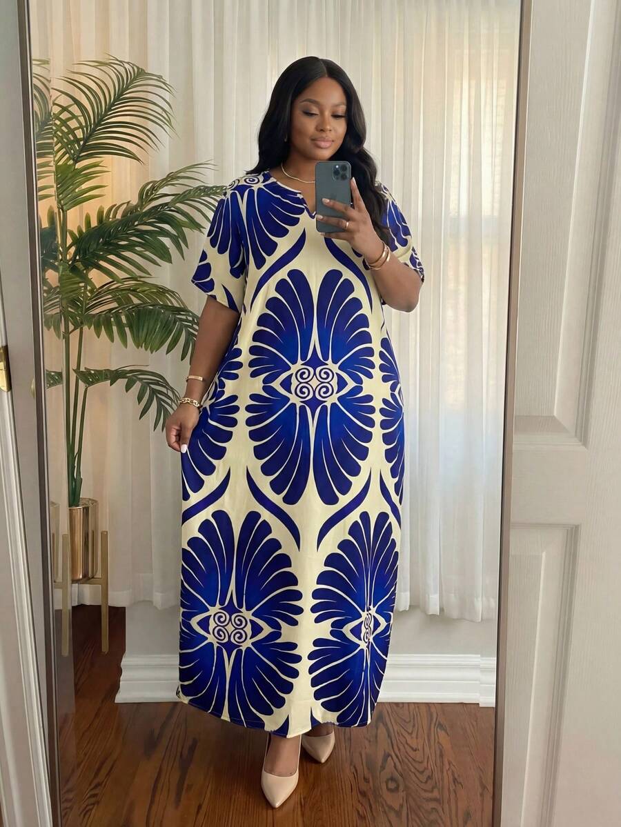 SHEIN Lady CURVE Plus Size Elegant Floral Full Print Batwing Sleeve Dress,Beach Dress Sundress,Holiday Outfits Boho Long Dress Vacation Printed Waist Lantern Sleeve Blue Dress Flowy Dress - Multicolor - View 1