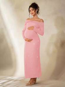 Cheriluna Maternity 孕妇写真礼服，长袖露肩修身连衣裙，饰有多层网纱、蝴蝶结和人造珍珠。 - 粉色 - 查看 3
