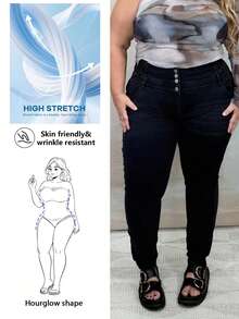 Hourglow Dollyholly86 Plus Size Casual Distressed High Waisted Slim Fit Jeans, For Hourglass Body Shape - Black - View 1