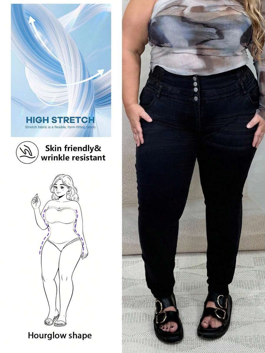 Hourglow Dollyholly86 Plus Size Casual Distressed High Waisted Slim Fit Jeans, For Hourglass Body Shape - Black - View 1