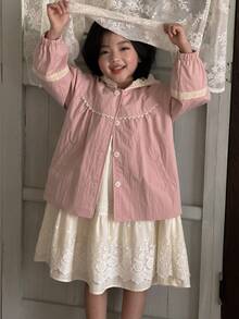 DAZY Young Girl Contrast Lace Long Sleeve Single-Breasted Casual Hooded Jacket - Pink - View 4