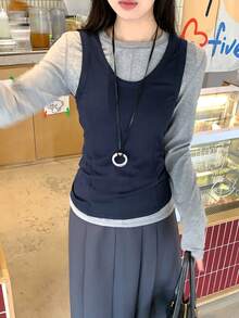 DAZY 女士休闲圆领无袖背心和纯色长袖T恤两件套家居服套装 - 灰色 - 查看 3