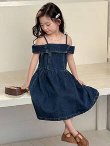 DAZY Young Girl Off-Shoulder Casual Korean Style A-Line Denim Dress - Medium Wash - View 6
