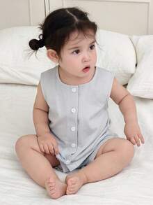 DAZY 女婴条纹无袖上衣和短裤两件套，休闲家居服 - 藍白色 - 查看 5