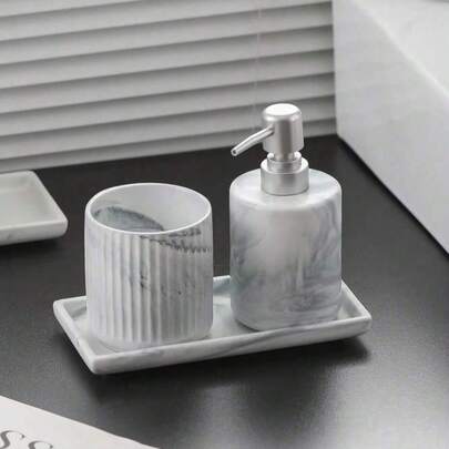 1pc Ceramic Soap Dispenser/Mouthwash Cup/Tray/Cleaning Swab Jar, Imitation Marble Ceramic Bathroom Supplies, Household Shower Gel Shampoo Hand Soap Lotion Bottle, Bathroom Soap Box Toothbrush Cup, Suitable For Hotel Homestay Bathroom Home Decoration Back To School