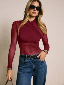 Poéselle Women's Fashionable Sexy Sheer Wrap Long Sleeve Bodysuit, Autumn