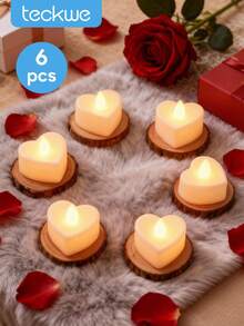 Teckwe 6支心形LED无焰电子蜡烛，营造浪漫氛围，暖光，节日装饰，桌面摆件，浪漫夜晚，婚礼餐桌装饰，生日派对 - 白色 - 查看 1