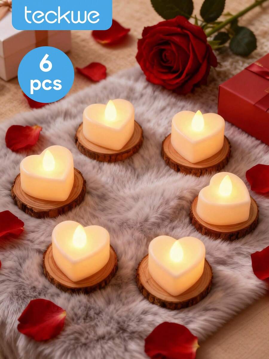 Teckwe 6支心形LED无焰电子蜡烛，营造浪漫氛围，暖光，节日装饰，桌面摆件，浪漫夜晚，婚礼餐桌装饰，生日派对 - 白色 - 查看 1