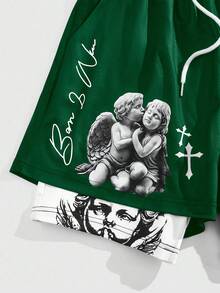 ROMWE MEN Goth Spring/Summer Casual Graphic Men'S Angel Print Contrast Color 2 In 1 Sports Shorts - Green - View 4