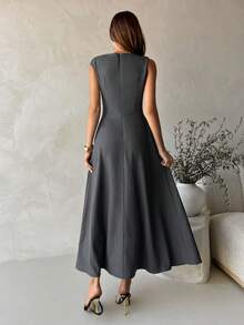 Aloruh 女士深V领褶皱腰身A字连衣裙，通勤友好型 - 灰色 - 查看 7