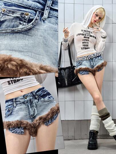 J-Fashion Y2K Harajuku Gyaru Gal Style Patchwork Fuzzy Super Low-Rise Mini Denim Shorts