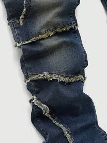 ROMWE MEN Men's Casual Everyday Washed Frayed Hem Layered Slant Pocket Flare Leg Jeans Spring/Summer - Dark Wash - View 4