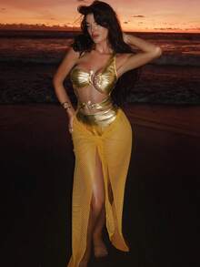 SHEIN Swim SXY 2件套女士新款连体泳衣，带闪亮镂空网纱裙摆，春夏泳装套装 - 金色 - 查看 4