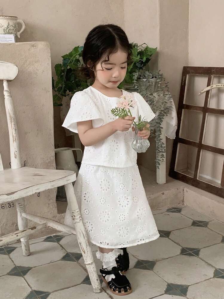 Toddler Girls' Round Neck Lace Short Sleeve Shirt & Skirt 2-Piece Set