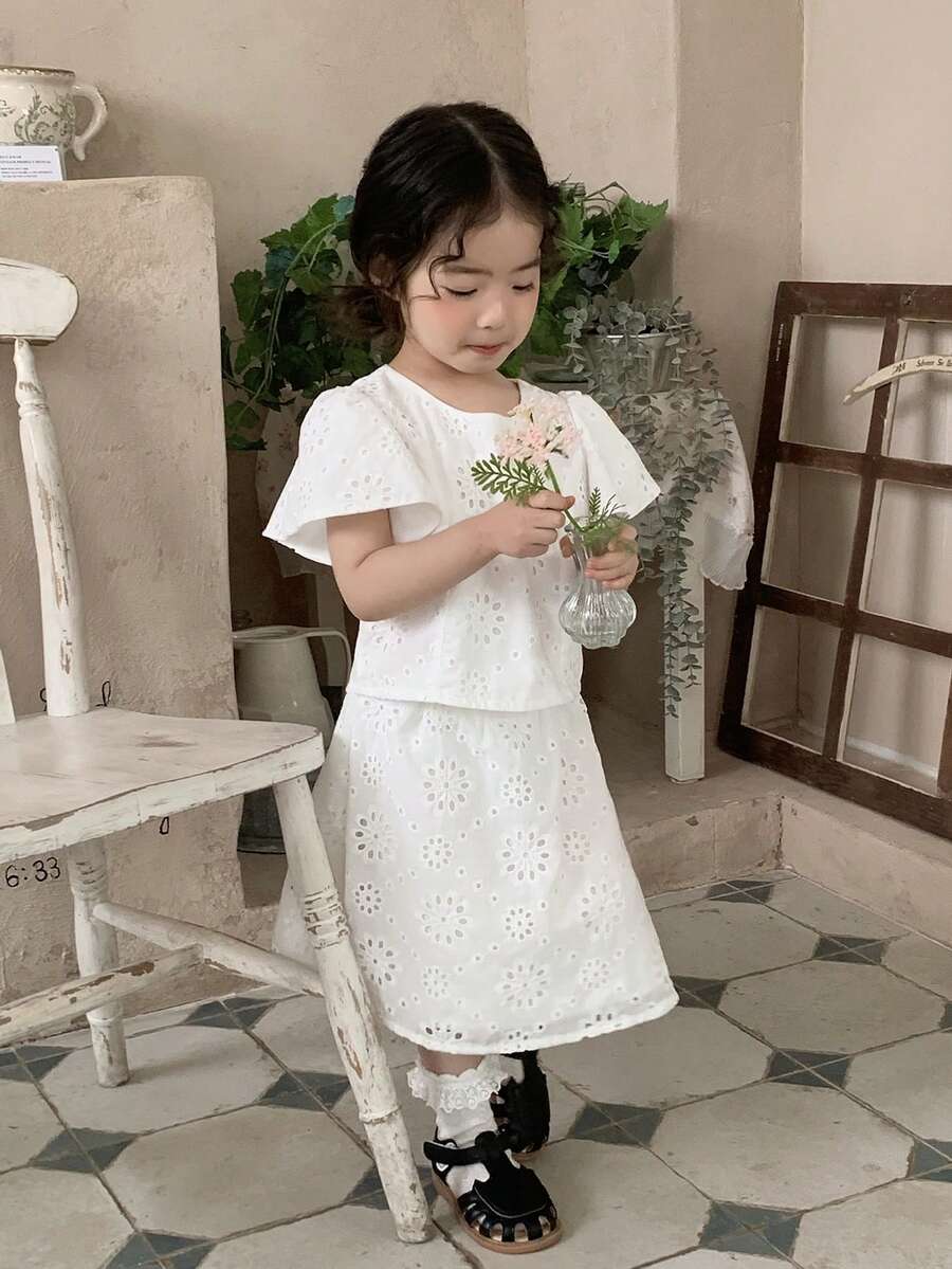 Dazy Kids Toddler Girls' Round Neck Lace Short Sleeve Shirt & Skirt 2-Piece Set - White - View 1