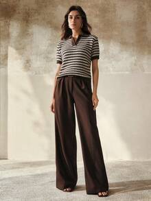 Anewsta French Spring/Summer Vintage Coin Texture Business Casual Striped Brown Patchwork V-Neck Knit Top - Coffee Brown - View 5