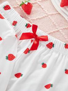 2pcs Girls Strawberry Print Long Sleeve Pajama Set, Comfortable Sleepwear Strawberry Pajama Set - Beige - View 5