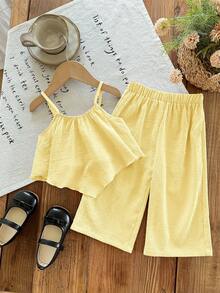 SHEIN LMoss Kids 2pcs Baby Girl Solid Color Sleeveless Top And Loose Casual Pants Set - Yellow - View 4