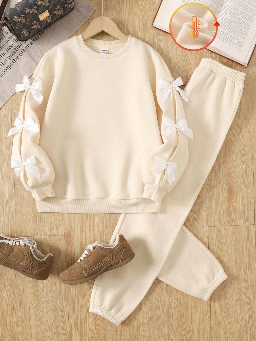 SHEIN Tween Girl Retro Collegiate Knit Crew Neck Colorblock Bow Long Sleeve Sweatshirt Set - Apricot - View 1