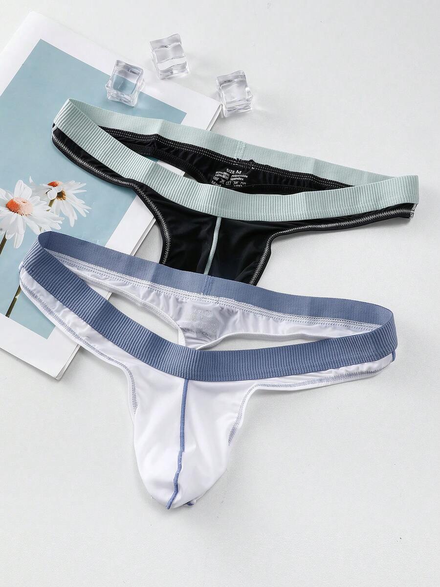WENEZON 2pcs/Set Men's Seamless Comfortable Contrast Waistband Thong Underwear