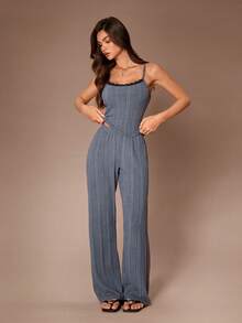 SHEIN Soft Brushed Ribbed Contrast Lace Camisole & Pants Loungewear Pajama Set - Dark Grey - View 2