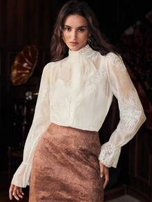 Franclia Blusa con cuello de volantes bordados para mujer, diseño con lazo, para fiesta/cita - Beis - Ver 4