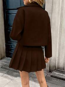 Pariaura 2pcs Grey Woolen Set, Cropped Top + Pleated Skirt, Autumn/Winter, Collegiate Girl, Youthful, Retro Korean, Utility Style - Brown - View 2