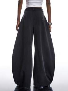 LYSMO 女士条纹褶裥口袋阔腿宽松休闲裤 - 深灰色 - 查看 2