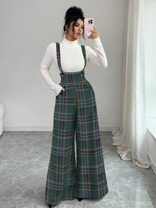Elenzga Bộ jumpsuit nữ kẻ caro có túi, thời trang, đa năng, thích hợp cho kỳ nghỉ, với ống quần rộng. - Màu xanh lá cây đậm - Xem 3