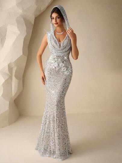 Coutiva 优雅、性感、奢华的亮片连帽连体礼服，搭配雪顶美人鱼裙摆，正式晚礼服，适合婚礼宾客、毕业典礼、派对、宴会和红毯走秀等场合。