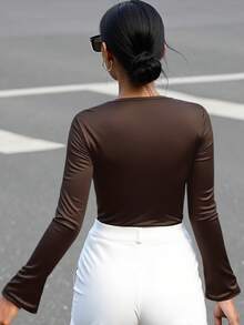 Chiquease New Women's Fashion, Elegant, Versatile, French-Style Ruffled Ribbon Halter Neck V-Neck Top For Early Autumn, Featuring An Irregular Design And Comfortable Fabric. - Coffee Brown - View 4