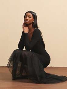 NYA SZN Dress Long Sleeve V Neck Fitted Bodycon Tulle Skirt Black Winter Spring Festival Festival Event Party Special Occasion Midi Length Carnival Outfits For Women - Black - View 7