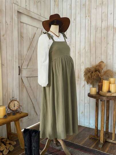 Boho Mama Spring Outfit Women Maternity Solid Color Dress For Daily Wear,Lace-Up Cotton Maternity Dress