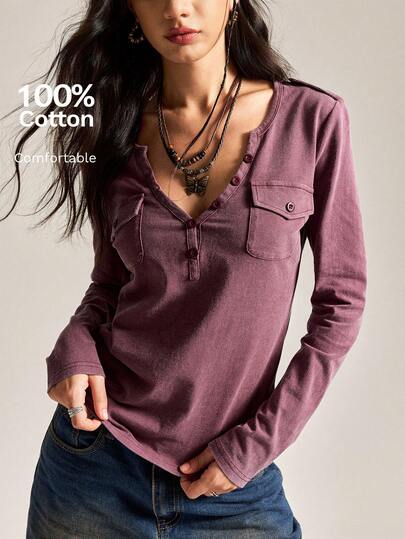 Easelle Vintage Nomadic V-Neck Pocket Distressed Fitted Women T-Shirt Long Sleeve Shirts For Women Fall Tops Women Cowgirl Tops For Women Women Casual Tops Winery Clothes For Women