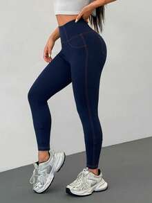 SHEIN PETITE Summer Outfit Patched Detail Top-Stitching Black Knit Wideband Waist Leggings - Blue - View 5