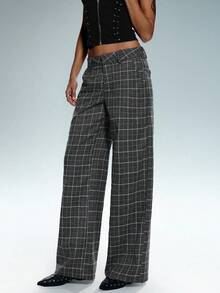 SHEIN Tall 1 Quần âu kẻ caro xám chất lượng cao cổ điển, quần ống đứng đơn giản, cạp trễ, rộng rãi - Màu xám đen - Xem 7