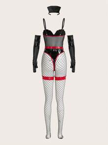 6pack Ruffle Trim Contrast PU Leather Maid Costumes Set - Black - View 2