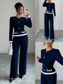 Elenzga Bộ đồ hai mảnh tương phản đen trắng thanh lịch thu/đông 2025 dành cho nữ - Màu xanh hải quân - Xem 3