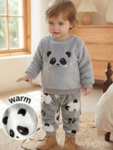 LMoss Kids LMoss 2pcs Baby Boy Panda Print Crew Neck Long Sleeve Pullover Sweatshirt And Elastic Cuff Thick Pants Set,Pajama Set, Perfect For Autumn And Winter Wear, Featuring A Cute Panda Pattern. - Multicolor - View 2