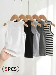 SHEIN Playful Pals 5件套休闲白色针织无袖背心，适合叠穿、外出、休闲穿着、旅行，适合6个月至3岁的男婴。