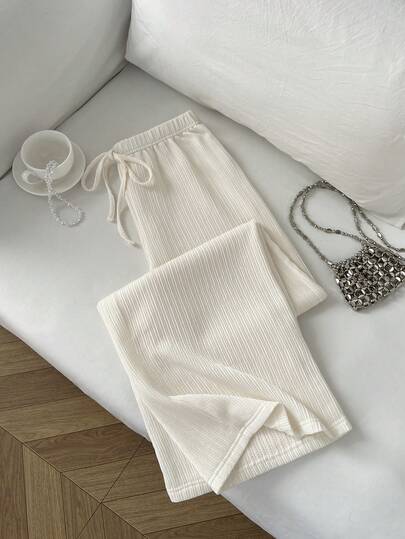 Elamini Women's Casual Loose Drawstring Waist Long Straight Leg Pants, Apricot Color, Lightweight Crinkle Fabric, Suitable For Travel And Outdoor Wear