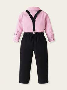 2pcs Young Boy Striped Long Sleeve Shirt And Bib Overalls Gentleman Outfit Set - Red - View 2