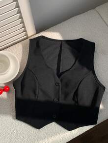 SHEIN EZwear 夏季背心/纯色纽扣前开襟短款马甲，秋冬季 - 黑色 - 查看 3