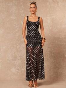 Lumalex Women's Elegant Polka Dot Mesh Sleeveless Fitted Flared Dress, Spring/Summer - Multicolor - View 3